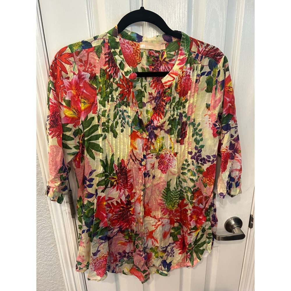 La Cera Blouse Multicolor Floral Pintuck Cotton Button Up Top Large